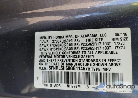 2016 Honda Odyssey Ex-L из США, поврежденный, VIN 5FNRL5H69GB114675